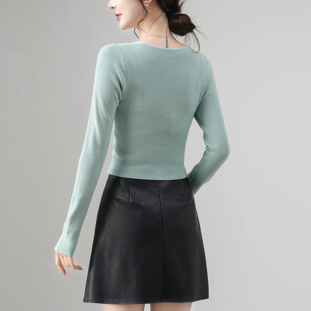 Fashion Mint Green Crop Top Femme Private Label Ribbed Elegant V Neck Kinked Knitted Top Long Sleeve Sweater Women
