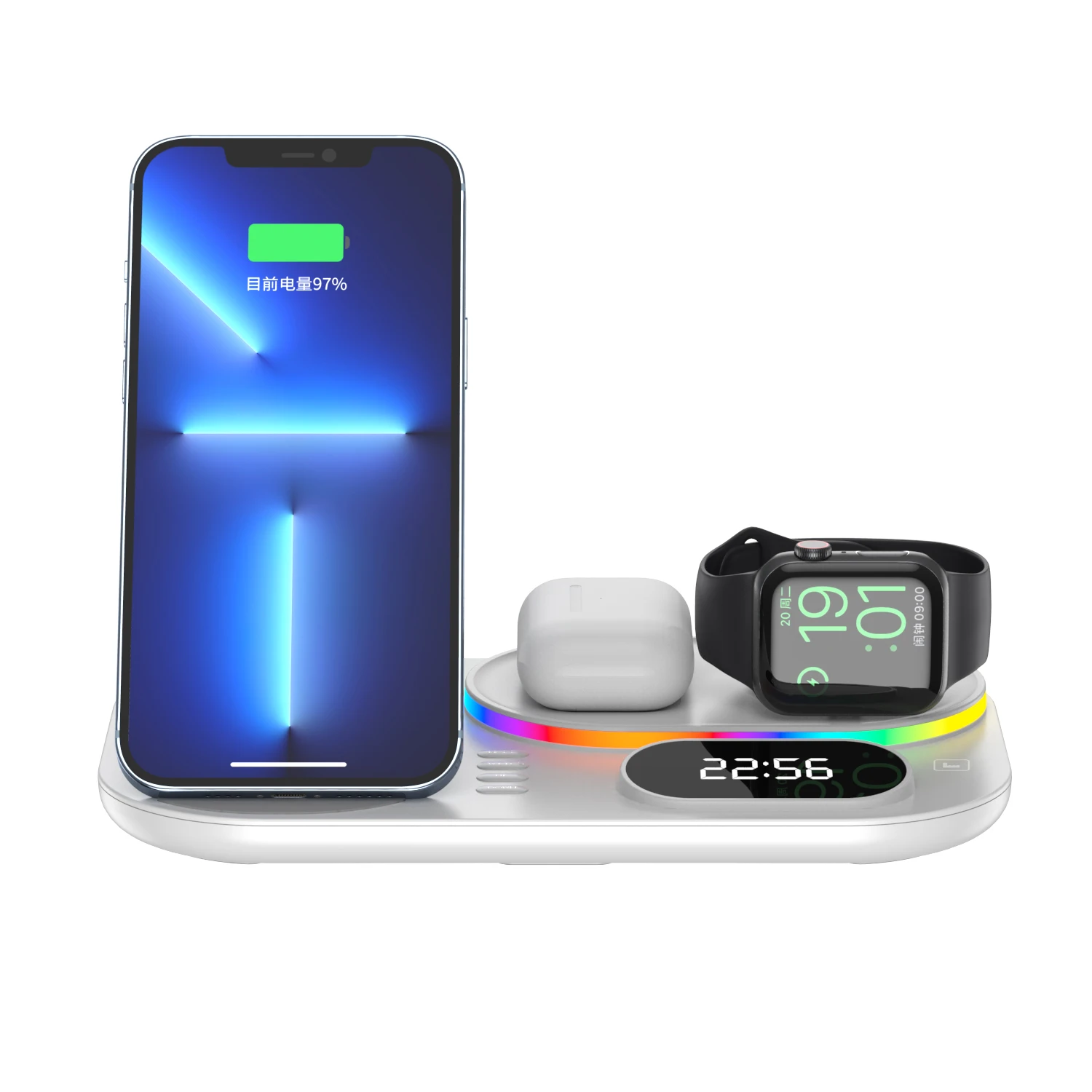 New Design 6-in-1 RGB Multi-Color Light 30W Wireless Charging Dock for Phone, Watch, Earbuds
