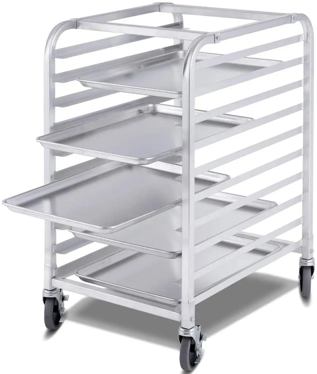 2 Lockable Wheels Bakery Rack 10 Sheet Aluminum Storage Cooling Trolley with Open Shelf for Bakery