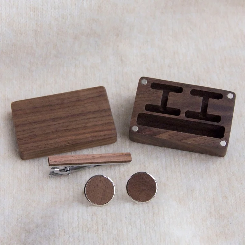 Walnut Box Wooden Gift Set with Tie Clip and cuff-link Engravable Name Laser