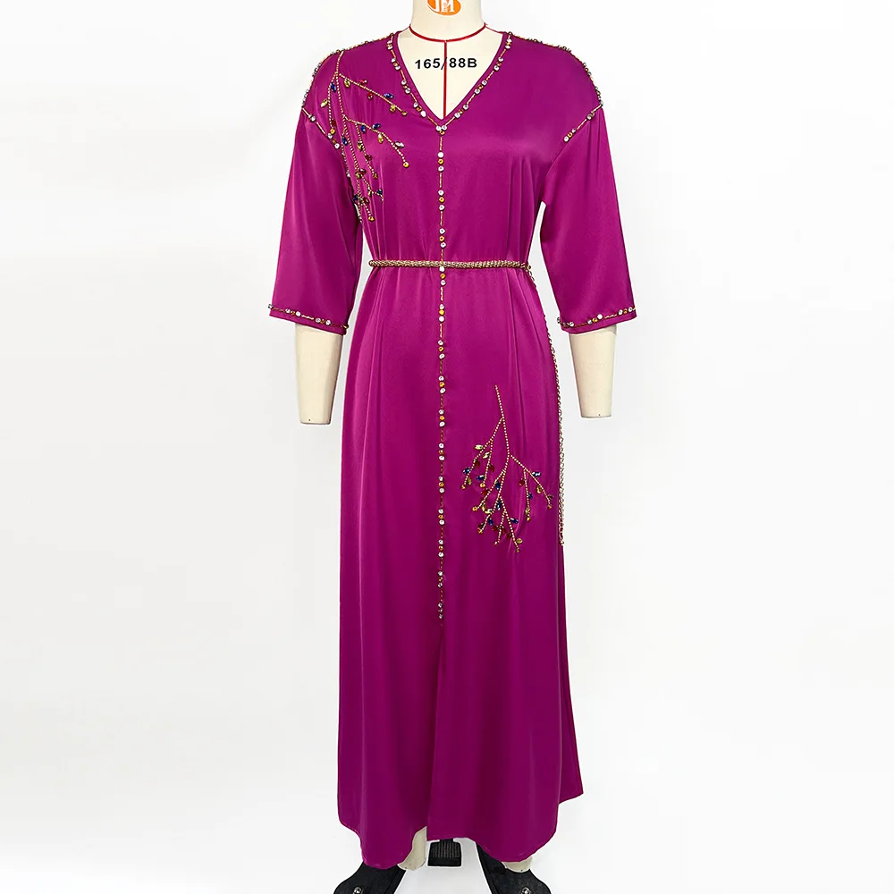 China Guangdong Abaya Manufactures One Station Servise Red Color Satin Fabric Decoration With Crystal Work Abaya For UAE USA
