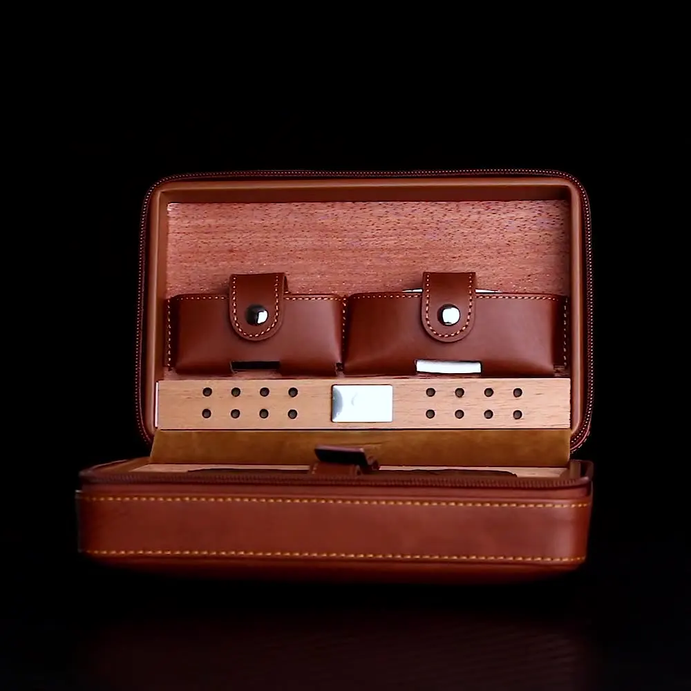 Cedar Wood Humidor Portable Leather Cigar Humidified Case For 4 Finger travel cigar case