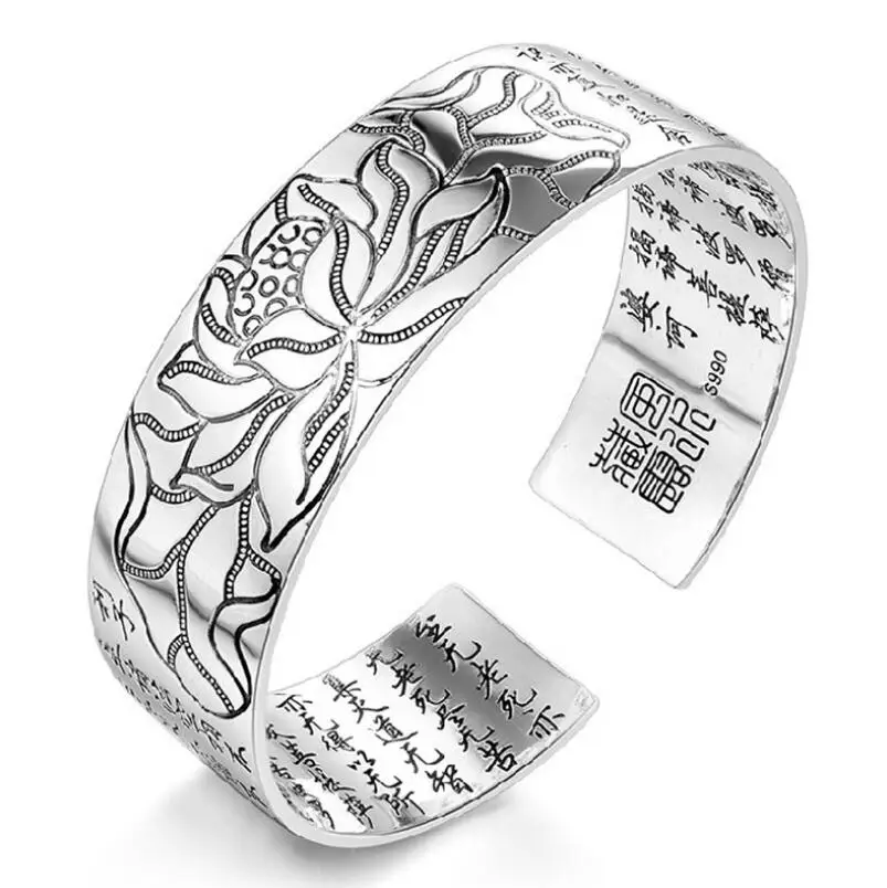 
925 Sterling Silver Jewelry Chinese Design Anemone Tibetan Buddhist Sutra Bracelet Open Wide Bracelet 