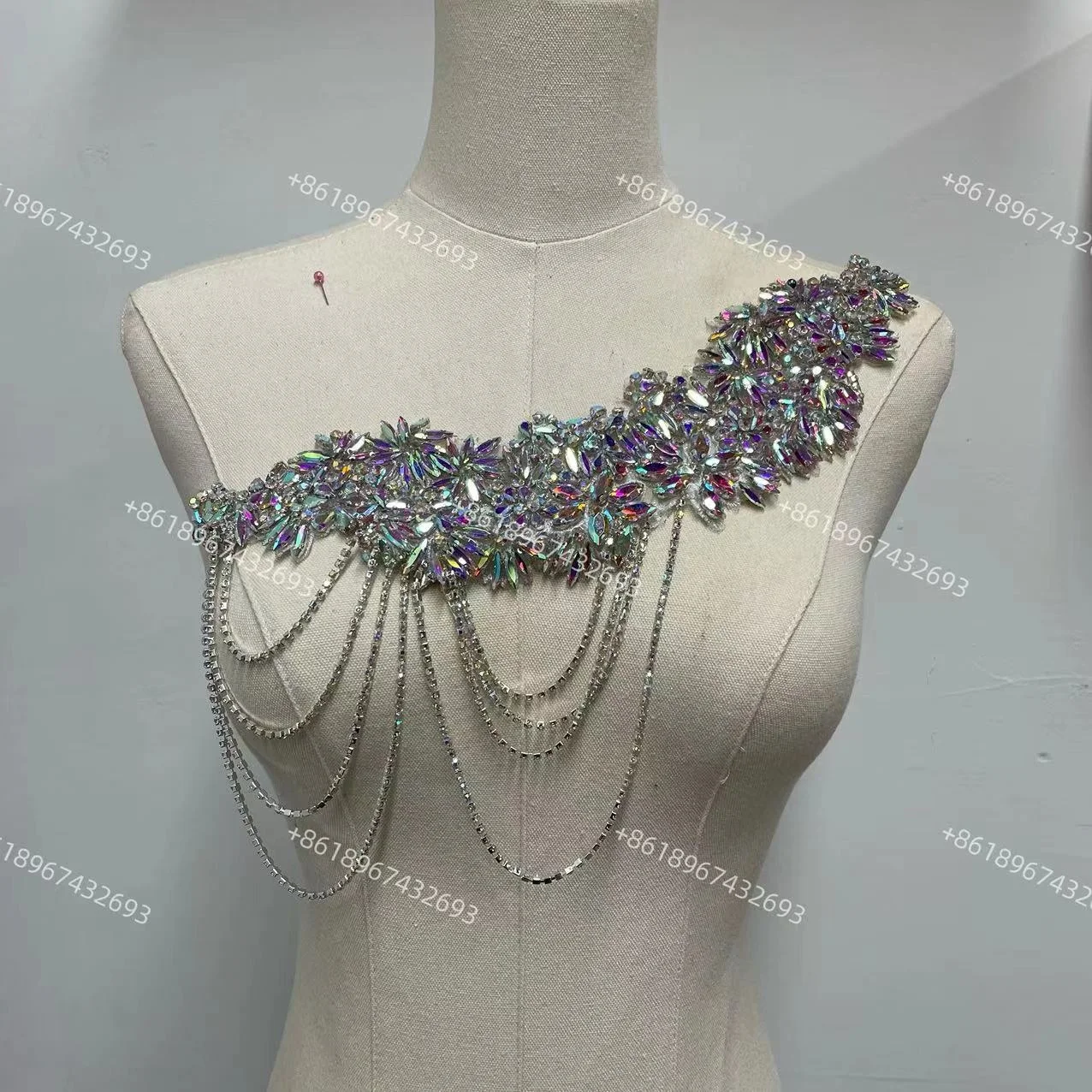 Custom handmade white crystal beaded bridal rhinestone lace appliques with tassels