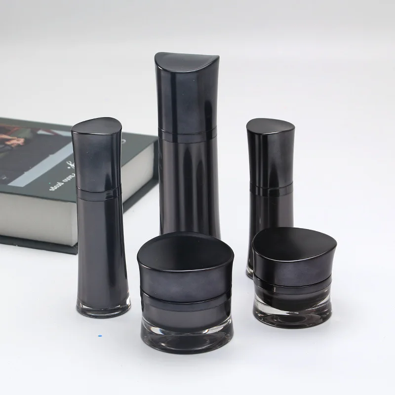 China Supplier Gradient Black Square Cosmetic Containers Acrylic Spray Pump Lotion Bottle And Cream Jars Sets