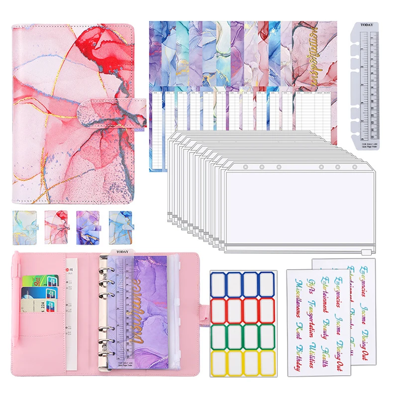 Заводская быстрая доставка, Мраморная переплетная книжка A6 с 6 кольцами, кожаная переплетка для наличных, денежных, бюджетных денег, ежедневник, перезаправляемый блокнот