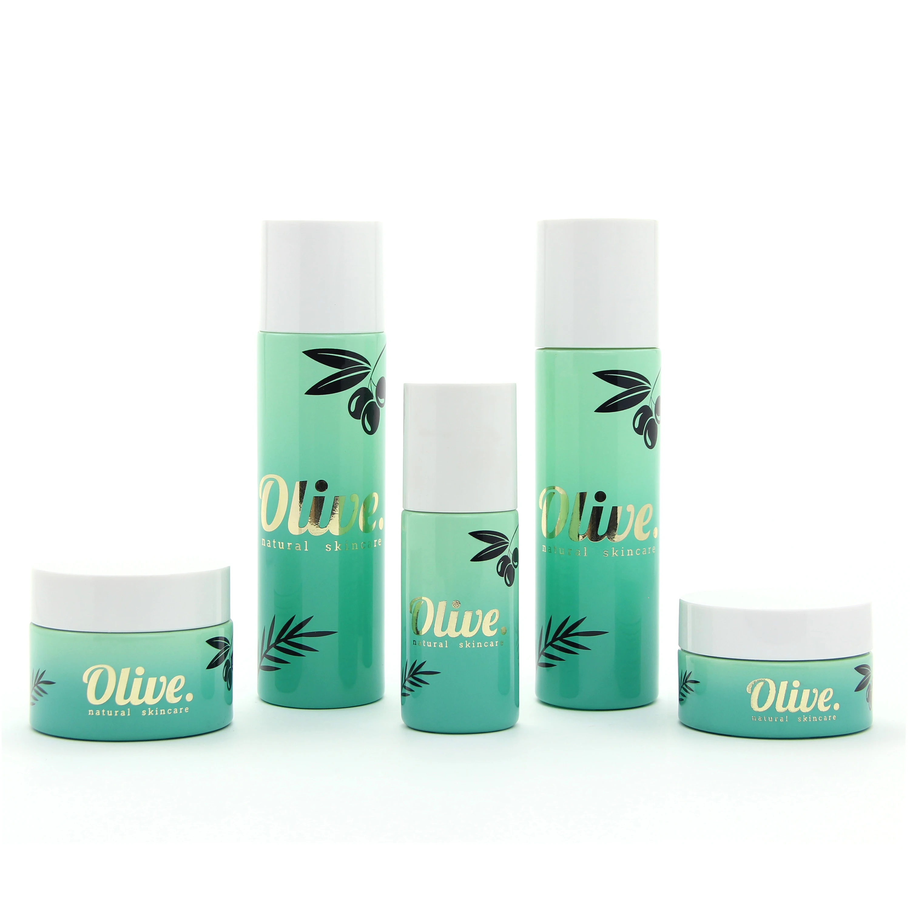 Straight sided round customized green cosmetic packaging glass toner lotion pump bottle and glass jar with lid