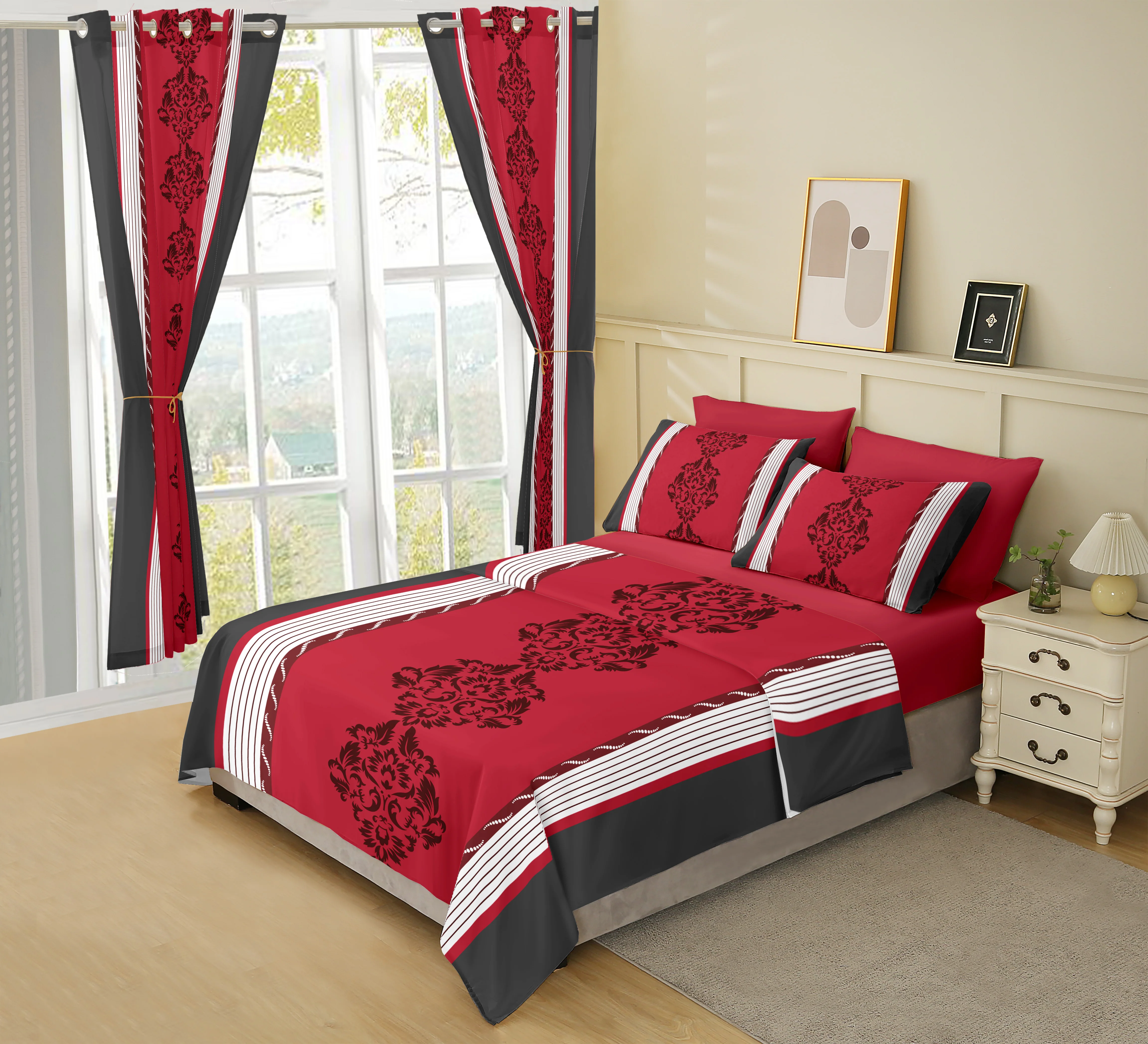 8pc designer Luxury Ultra Soft Comforter All Season duvet bed sheet with curtains bedding set