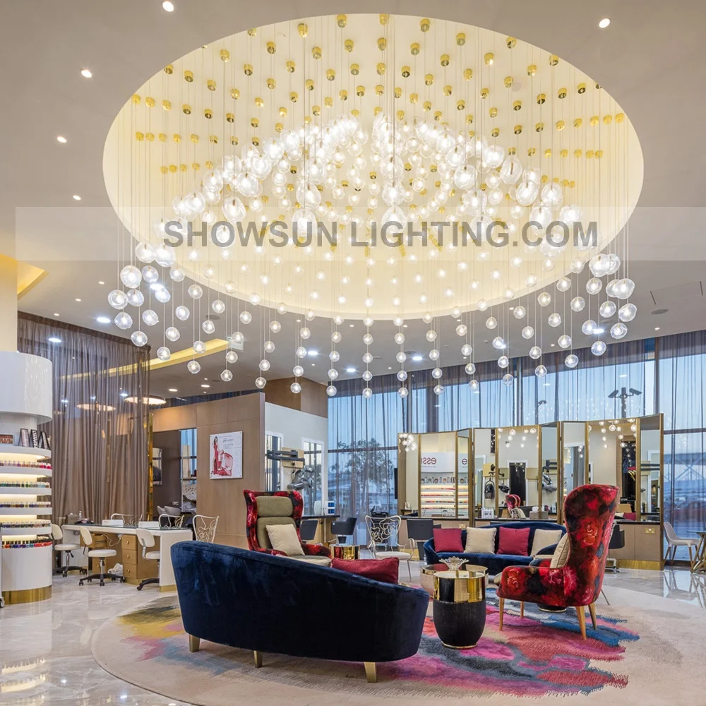 Custom made glass staircase long large chandelier modern high ceiling ball bubble