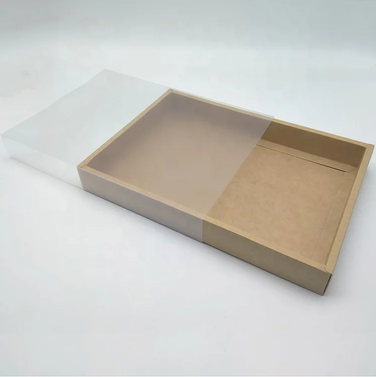 Prime Branded Packing Custom Brown Transparent Clear Frosted PVC Sleeve Sliding Box Kraft Paper Drawer Boxes With Clear Window