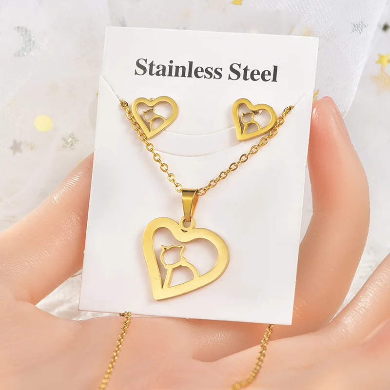 Geometric love stainless steel earrings necklace earrings two-piece titanium steel men and women couple accessories