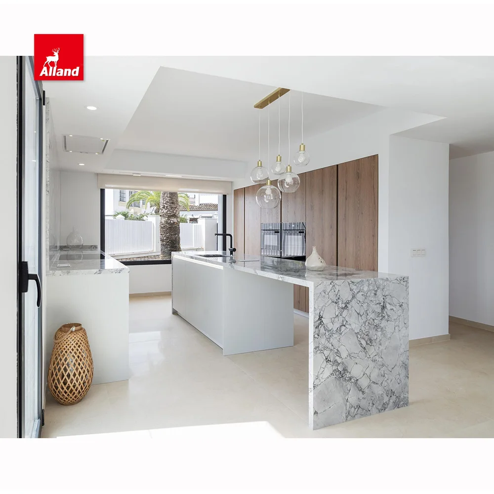 Two Toned Elegant White Matte Lacquer Wood Veneer MDF Handleless Slab Doors Kitchen Cabinets with Waterfall Countertop Island