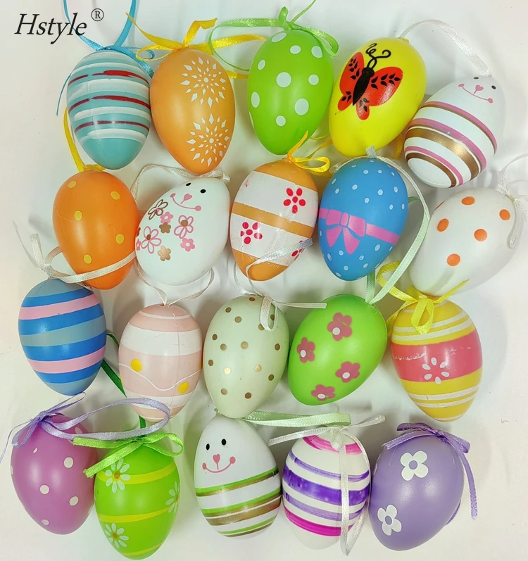 12pcs/pack New Colorful Egg Hanging Ornaments Easter Decoration Plastic Decorative Hand Painted Eggs Crafts Ornaments SD1687