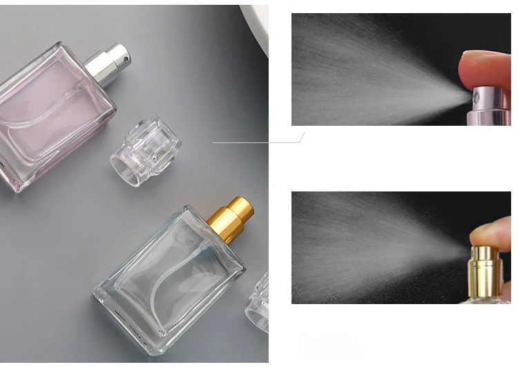 Homay high quality  20ml 30ml 50ml 100ml long square glass perfume bottle with acrylic cap and pump sprayer for cosmetic