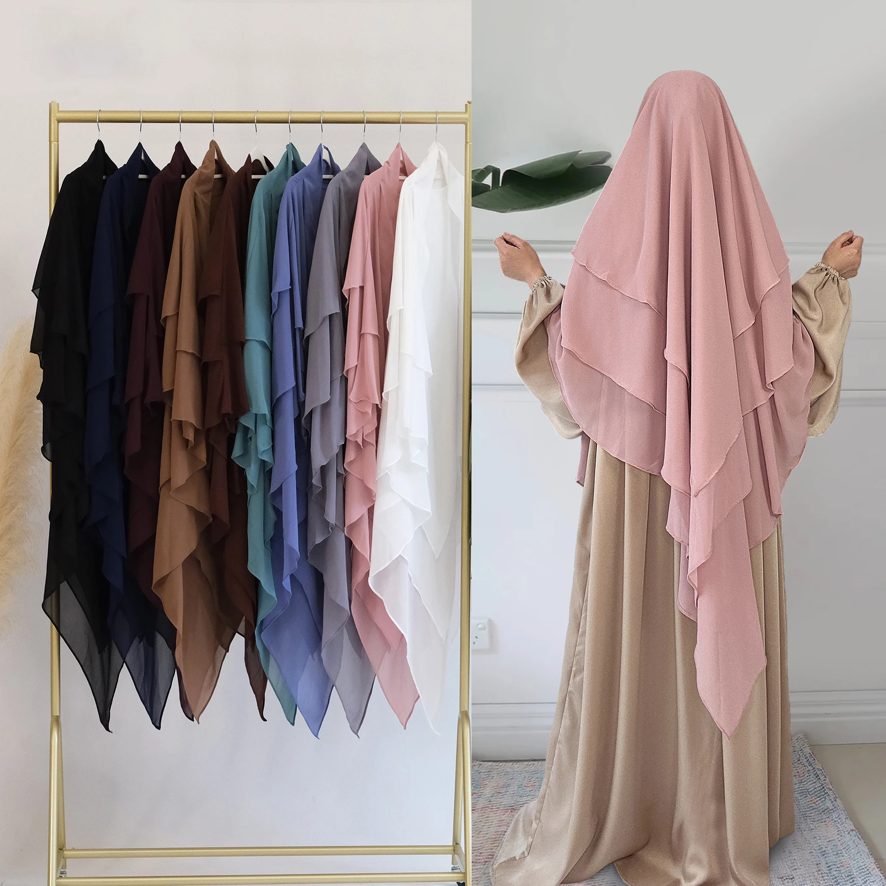 LangChi 3 Layers Overhead Chiffon Tie Back Khimar Islamic Hijab Plain Prayer Scarf Muslim Women Long Niqab Jilbab Khimar