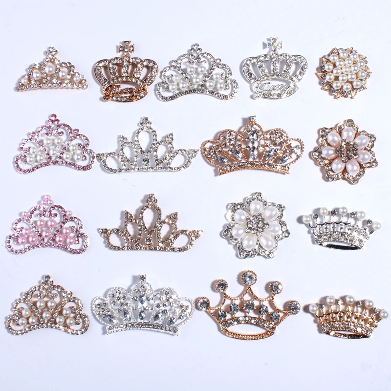30PCS/Bag New Fashion Crown Rhinestone Buttons With Ivory Beads For Hair Accessories Crystal Jewelry For Women Decoration