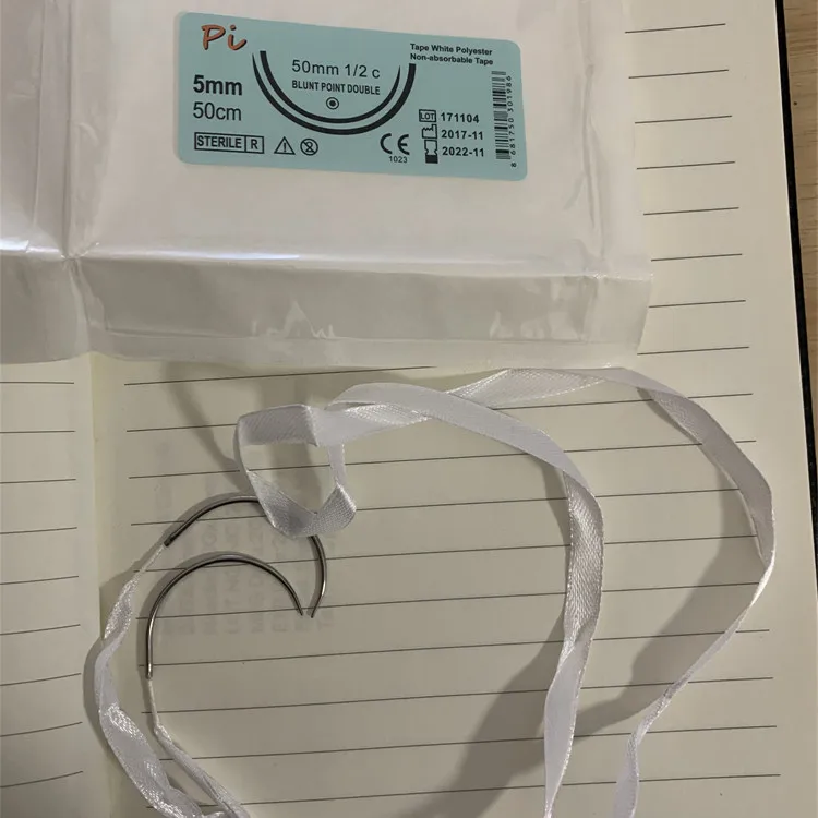 
Полиэфирная лента, белая оплетка, не рассасывающаяся для шва шейки матки, 50 см, круглая Двойная игла, ширина 5 мм 