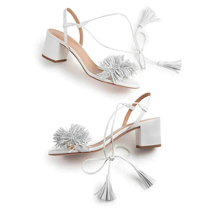 Comfortable Block Heel Sandals With Fringe Women Heeled White Ankle Wrapped Summer Shoes Mid Heel Tassel Sandal For Ladies