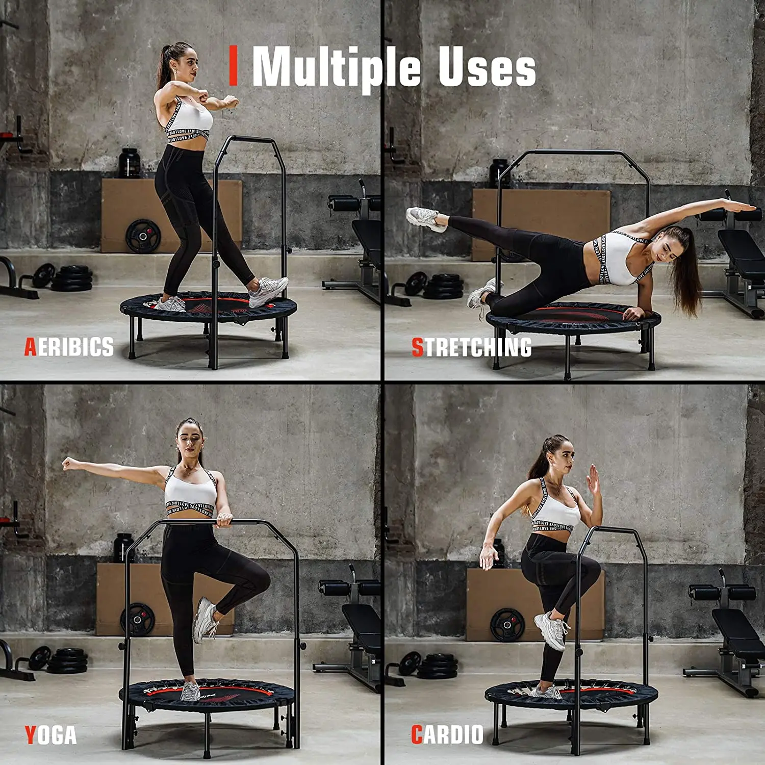 FANDING Fitness trampoline Silent with Adjustable Handle length Adults Kids indoor GYM large trampoline with foam pit