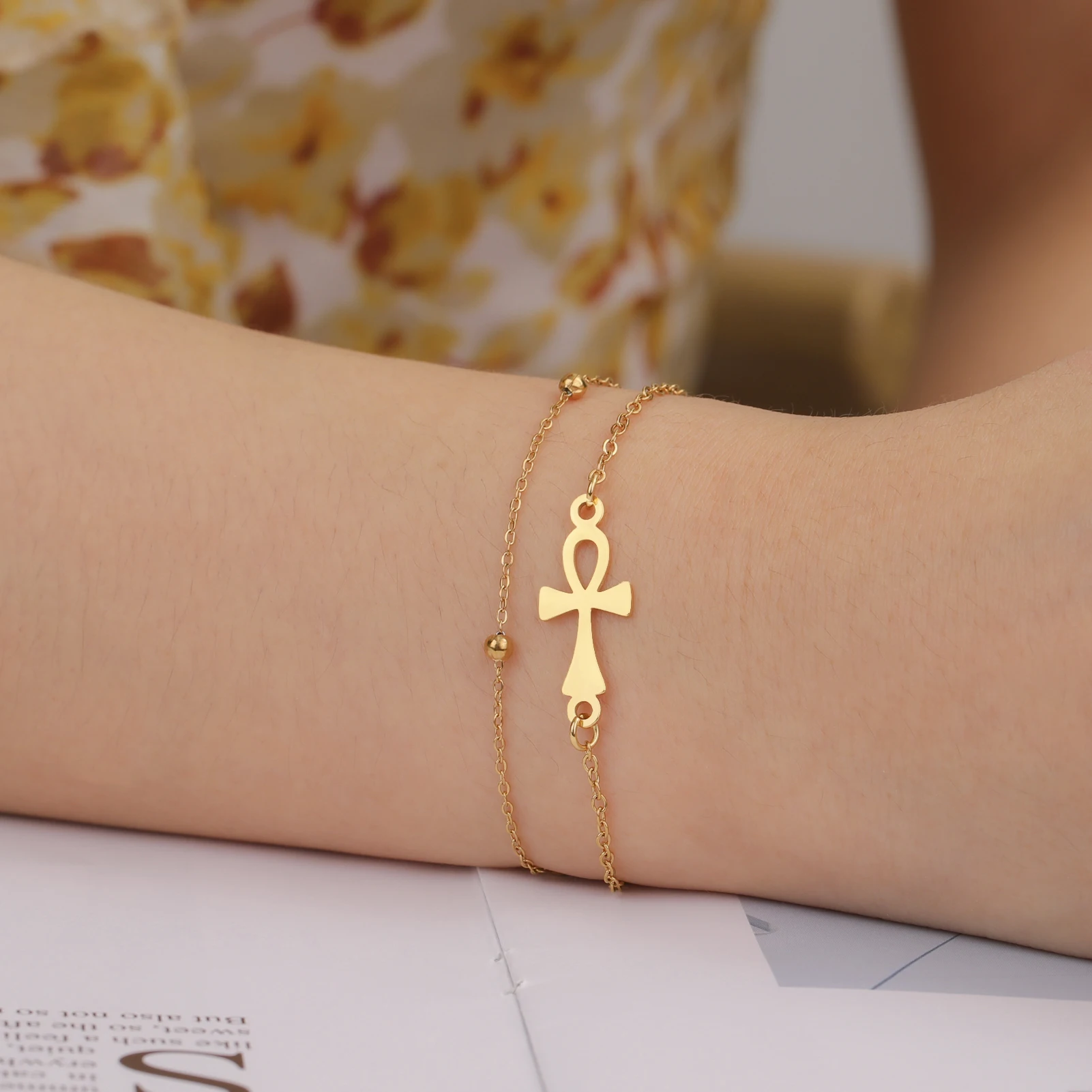 Egypt Ankh Cross Bracelets for Women Minimalism Cross Amulet Bracelet Vintage Egyptian Stainless Steel Jewelry Gift New