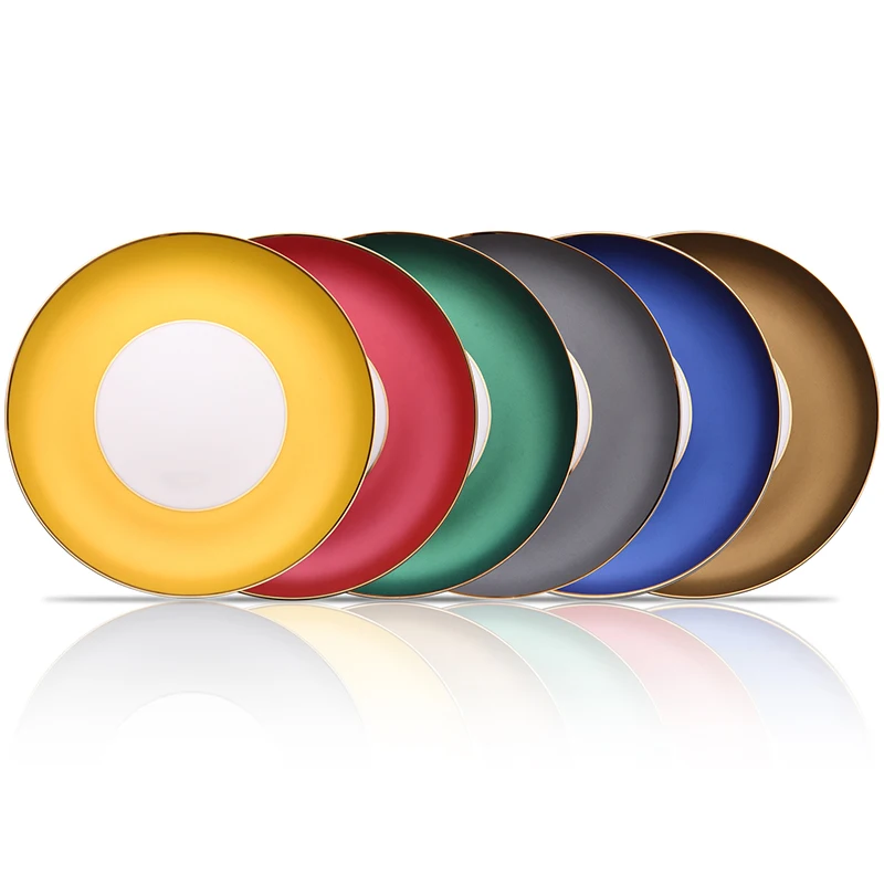 Hot sale Round Colorful  Ceramic Plate Black Steak Plate French Macaron Dessert Plate with butterfly design royal vajillas ceram