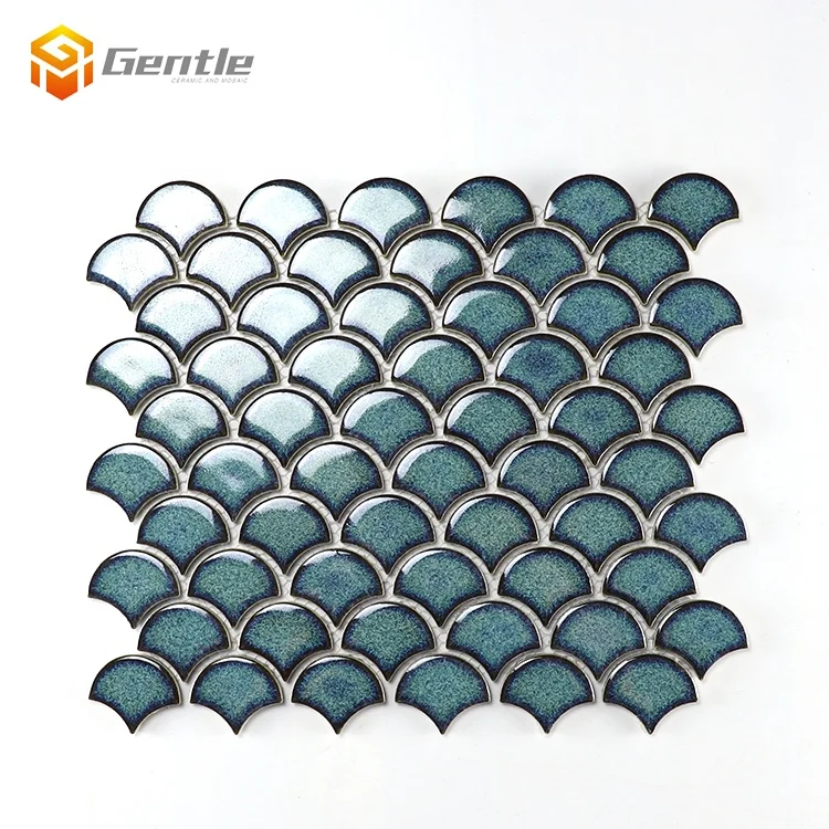 High quality fan shape glazed ceramic mosaic for interior derocations Green Color Fish Scale Mosaic Ceramic Tiles