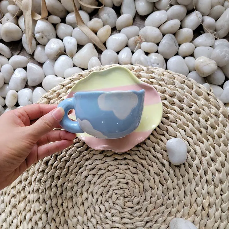 UCHOME ins creative hand-painted blue sky white clouds coffee cup saucer romantic French irregular breakfast cup