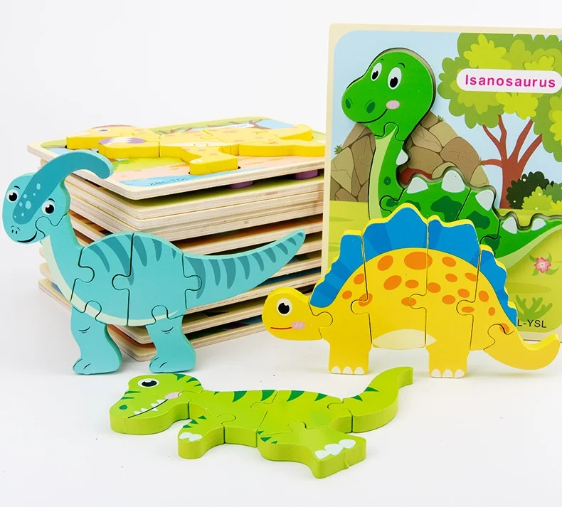 2024 Hot Sale  Educational Wooden Jigsaw Dinosaur Series 3d Puzzle Game Toys  For Kids Diy 3d Wooden Puzzle