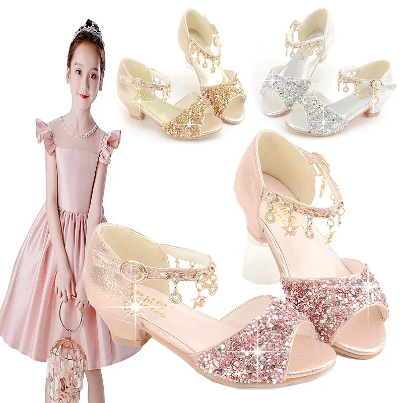 Girls Peep Toe Princess Dress Shoes Kids Shiny Party High Heel Children Shoes Sandals Summer Autumn Fashionable  Buckle Strap