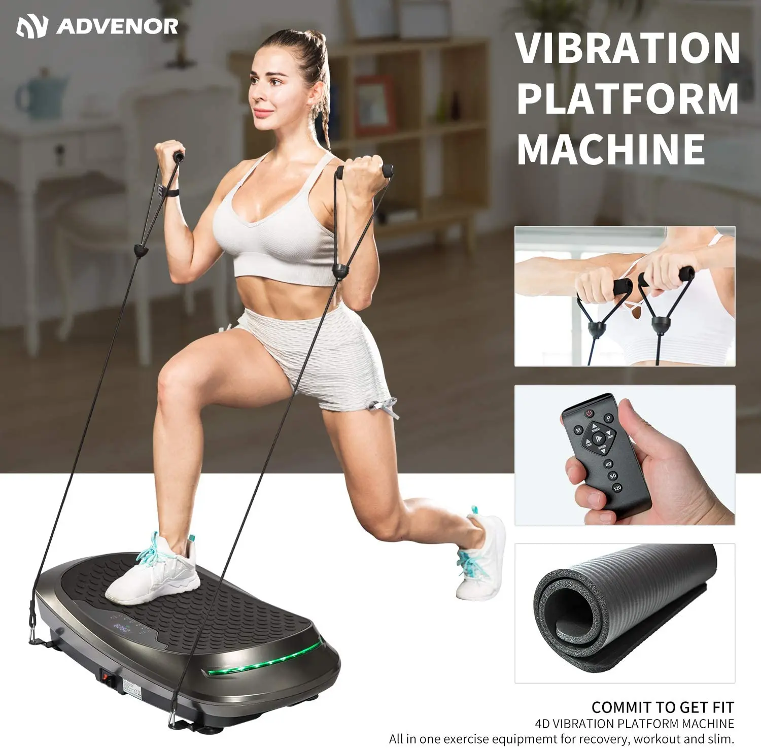 4D Vibration Plate Exercise Machine Triple Motor 120 Speed w/Loop Bands Whole Body Workout Fitness 3D/4D Vibration Platform