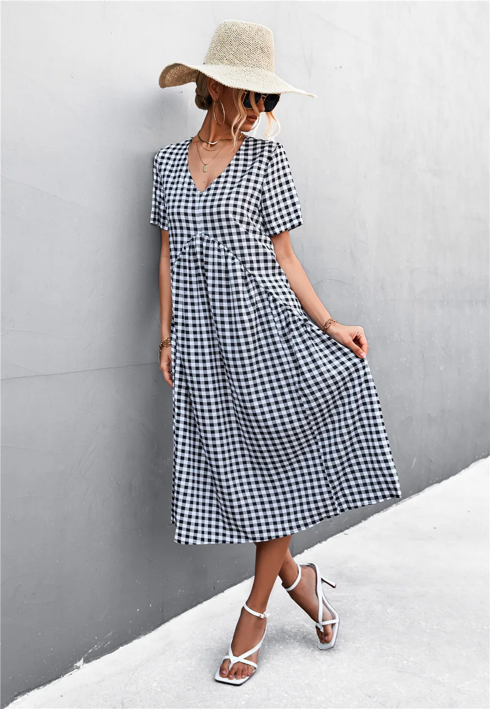 V-neck short-sleeved pleated checkered dress Plaid Woven Simple Pencil Embossed clothing manufacturers custom