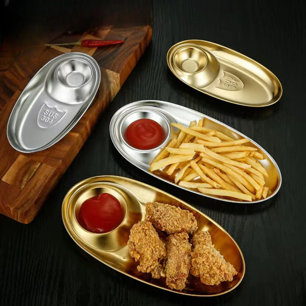 Korean Style Metal Golden Pastry Dishes 304 Stainless Steel Plate Dipping Sauce Tray with Seasoning Grid