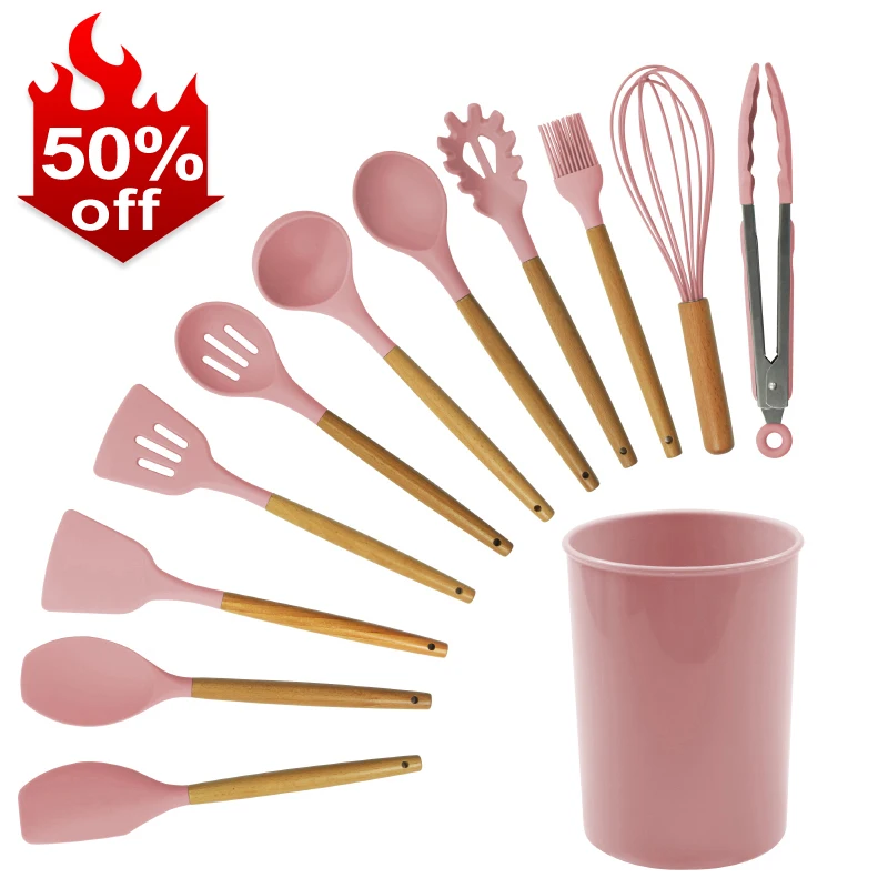 
50% OFF 12Pcs Heat Resistant wooden Handle Non-stick Nylon Silicone kitchen Utensils Set Kitchen Bakery Cooking Utensil Set 