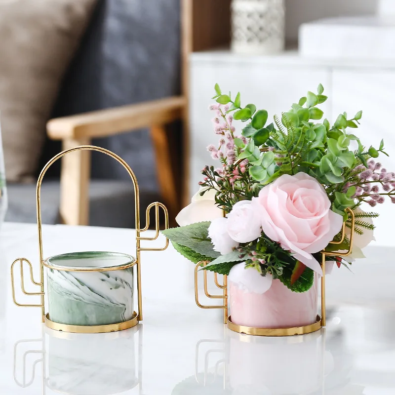 Nordic Ceramic Iron Art Vase Marble Pattern Rose Gold Silver Tabletop Green Plant Pot Home Office Vases Decorative