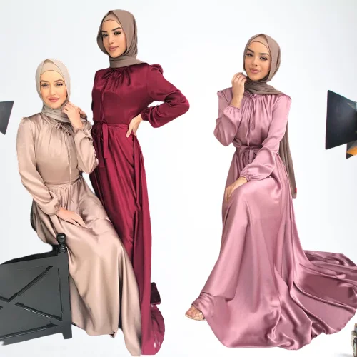 Dubai Elegant Women Maxi Dress Silk Satin Solid Long Sleeves Simple Women Dress Middle East Clothing Arabic Gown 2022 Spring