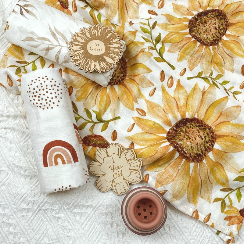 High Density Boho Rainbow Sublimation Baby Bamboo Organic Cotton Muslin Swaddle Wraps Receiving Blankets