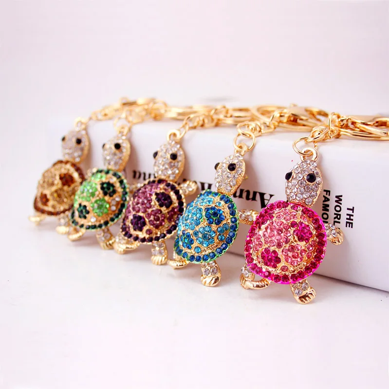 Fashion Women Bag Accessories Car Keyring Animal Metal Pendant Cute Marine Series Small Turtle Diamond Rhinestone Keychain
