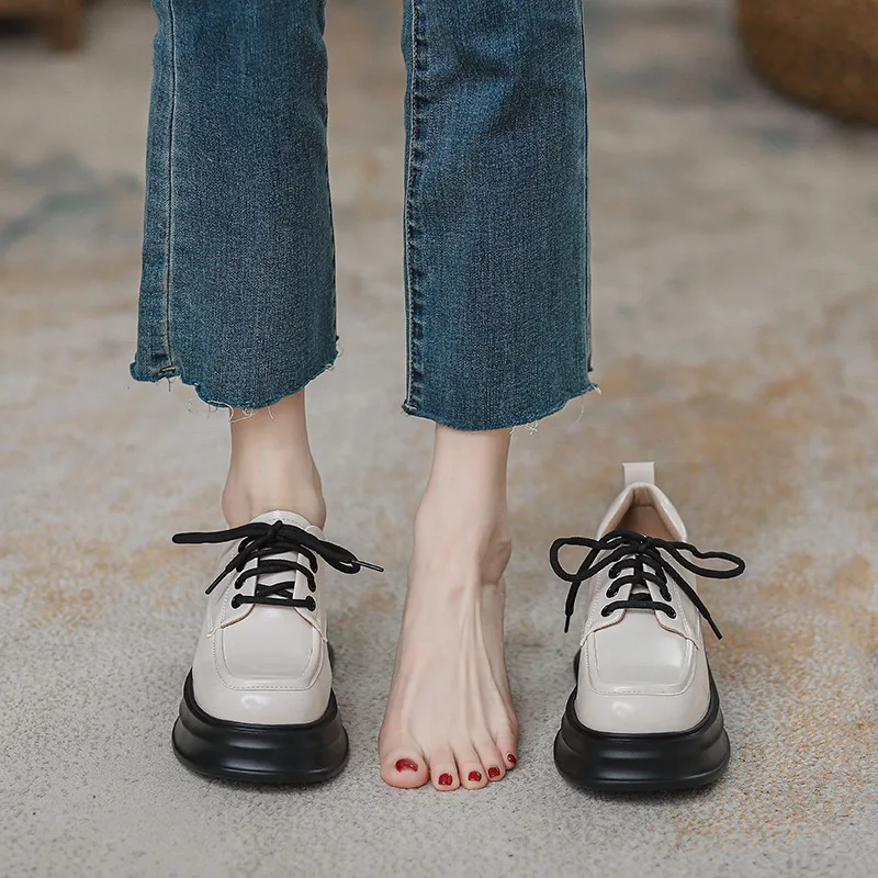 2024 new British wind muffin tie with female small high heel thick sole inside increase 8CM Loafer small leather shoes