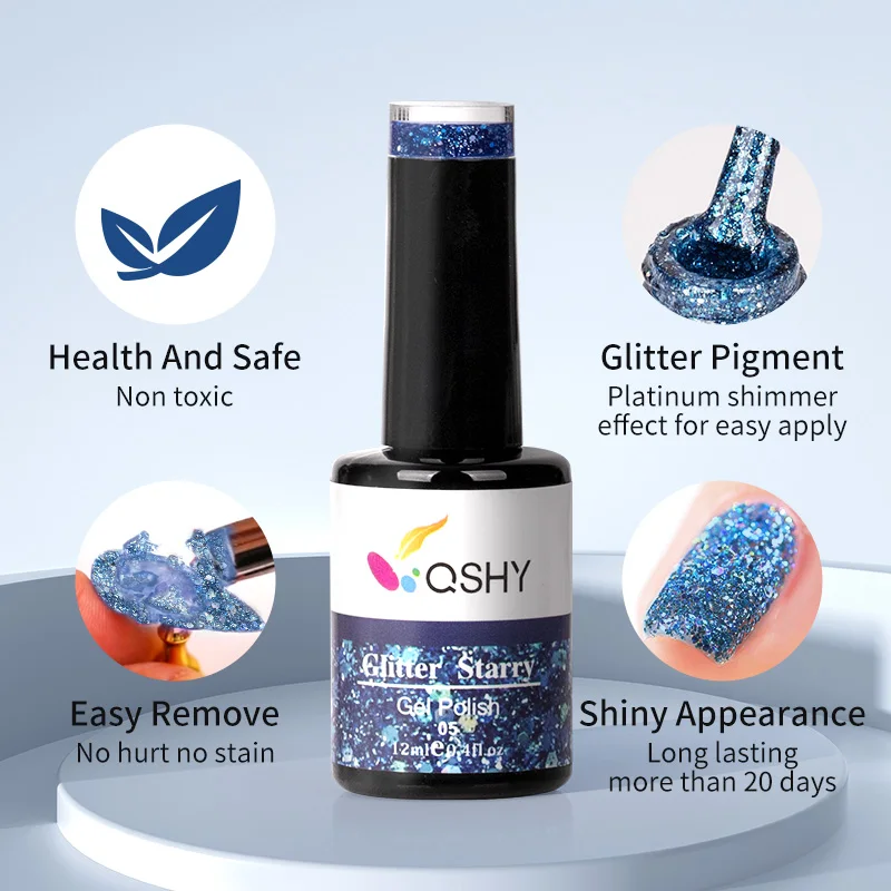 QSHY 12 Colors Flash Gel nail polish Private Label High shine nail art uv led reflective Glitter Starry Gel