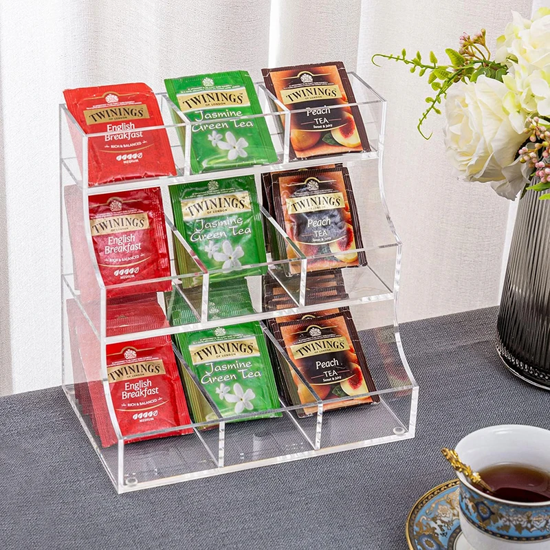 Custom Modern 3 Tier Tea Bag Organizer Rack Clear Acrylic Teabag Storage Holder Stand