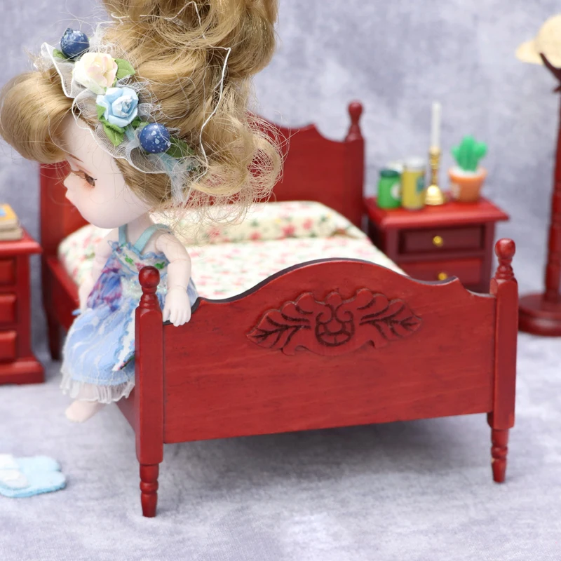 1:12 Doll House Dollhouse Mini Furniture Bedroom Micro Scene Wooden Crafts Redwood Double Bed