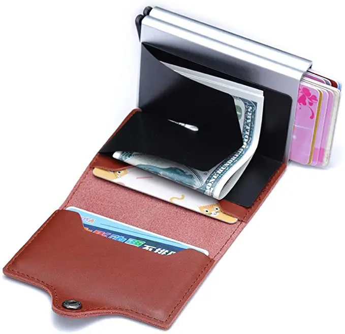 Custom RFID Blocking Slim  Aluminum Business Card Holder Designer Leather Crocodile Pattern Pop Up Card Case