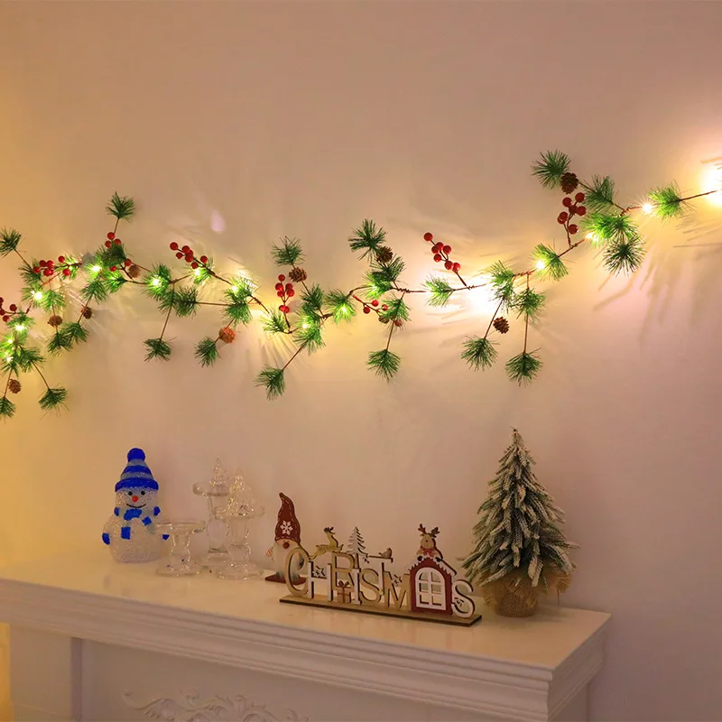 2024 New A mazon led Christmas rattan string light long pine cone pine red fruit bell garland shopping mall decorative lights