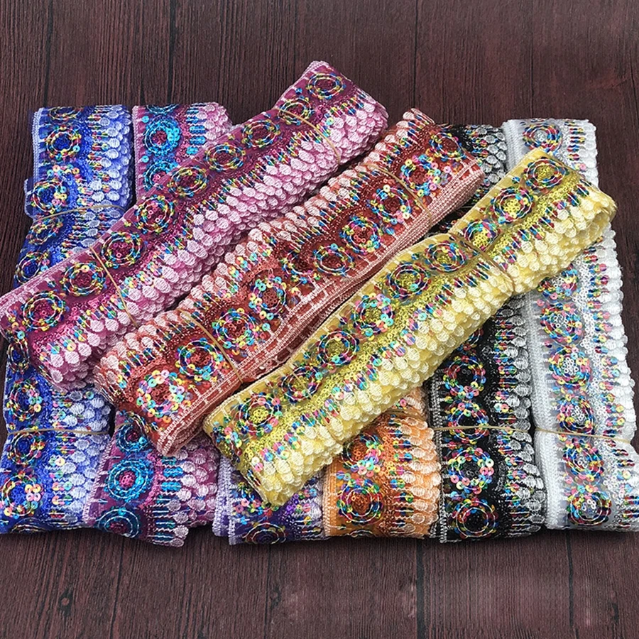 COOMAMUU 10yards/lot Ethnic Sequins Lace Ribbon Fashion Embroidery Lace Trim for Sewing Clothing Curtain Accessory