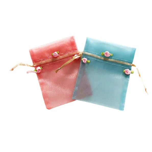Candy drawstring organza gift bag with mini flower