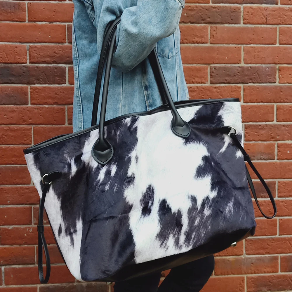 Women Suede Brown Cowhide Bag Wholesale Large Black and White Cow Print Weekend Tote Travel Bag Wristlet Gift