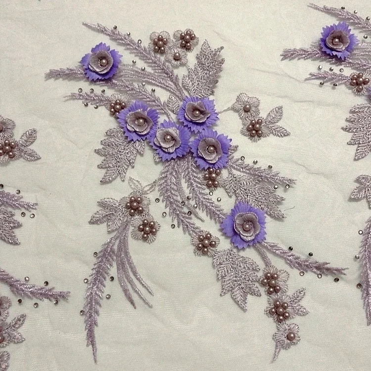 Fancy Embroidered 3d Flower Lace Beaded Applique With Rhinestones LT20415