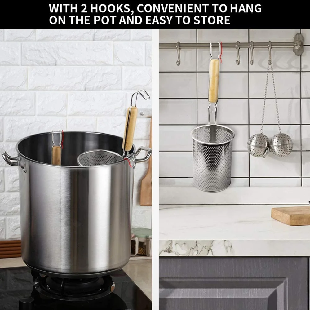 Mesh Pasta Basket with Wooden Handle Stainless Steel Mesh Spider Strainer for Pasta, Noodles, Dumpling