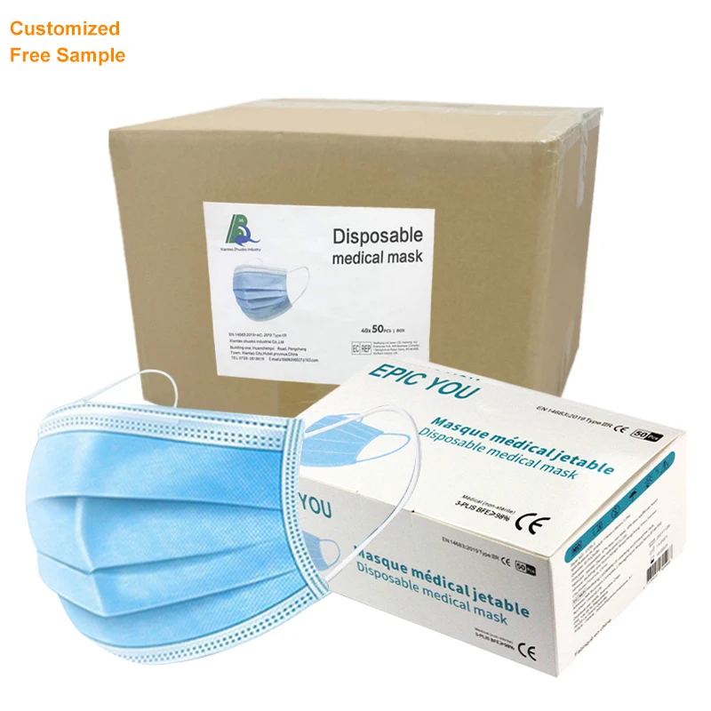 Facemask Surgical Cubrebocas Medical Disposable Mask in Stock Non-woven Earloop 3 Ply Customized Hubei Ultrasonic SGS 3 Years