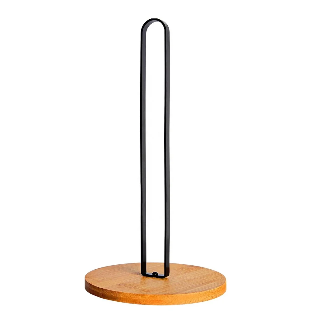 Single-Tier Iron Vertical Desktop Tissue Holder with Non-Slip Pads Wood Paper Towel Stand for Kitchen Roll Paper Home Use